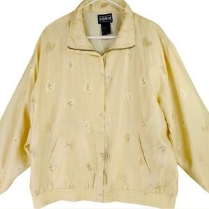ABVIEN Women’s Vintage Bomber Jacket Size L Silk Butterfly Full Zip Pale Yellow